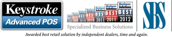 Image of Keystroke POS Software Best Channel Product 2009/2010/2011 and 
                Specialized Business Solutions Best Channel Vendor 2009/2010/2011/2012 awards presented by Business Solutions magazine as a 
                result of thier annual VAR survey.