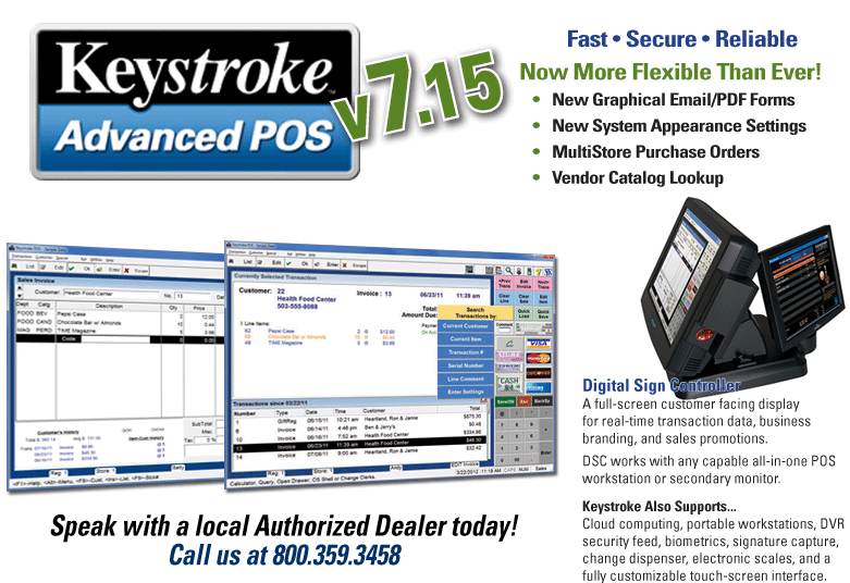 Image of Keystroke Advanced POS screenshot and all-in-one point of sale terminal with Digital Sign Controller screenshot.